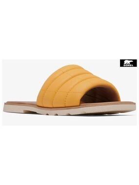 SOREL ELLA III QUILTED PUFF YELLOW RAY LEATHER SLIDE SANDAL. NIB. SIZE 7M